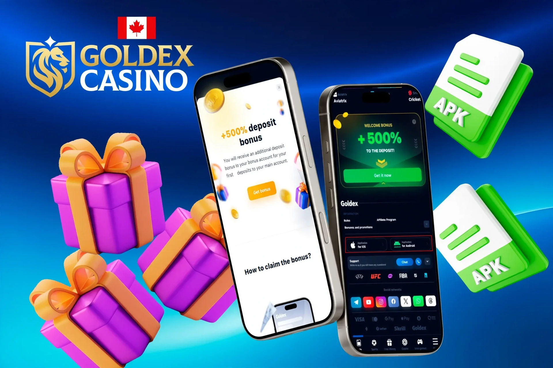 Goldex Casino mobile app promotion with up to C$1,500 welcome bonus and gift box illustration
