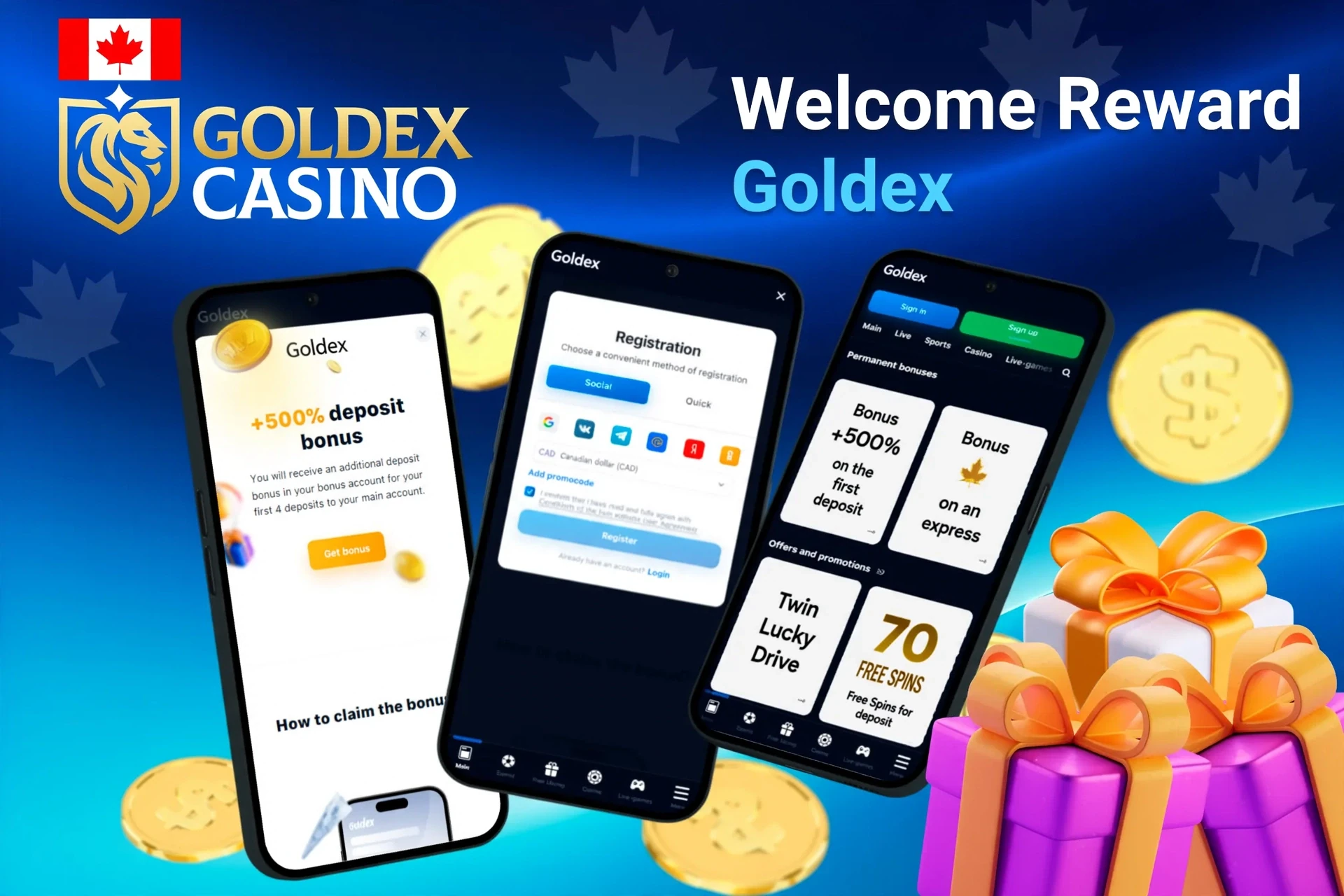 Mobile screens displaying Goldex Casino registration and 500% deposit bonus with gift boxes
