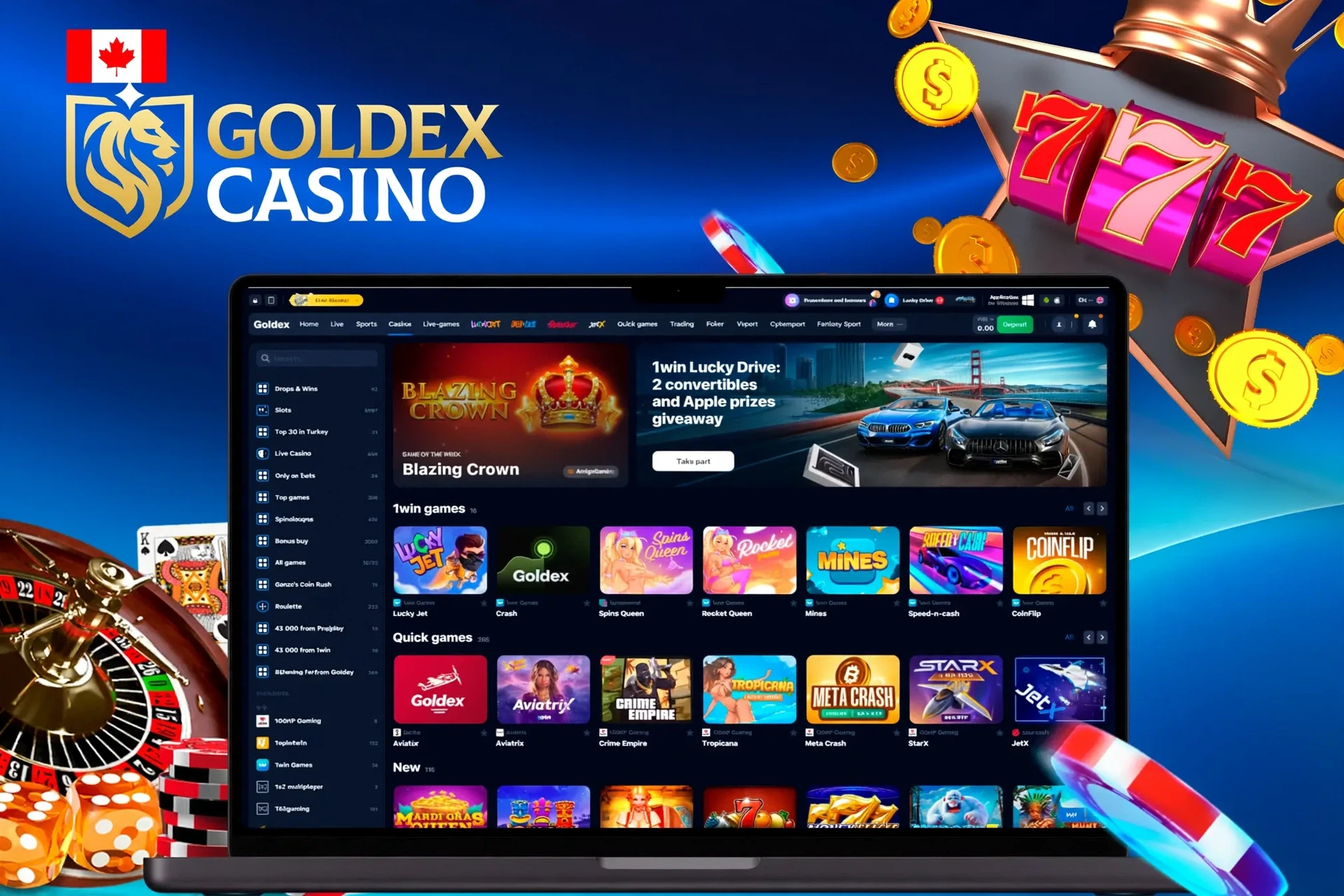Casino homepage with various slot and crash games, including Lucky Jet and Blazing Crown