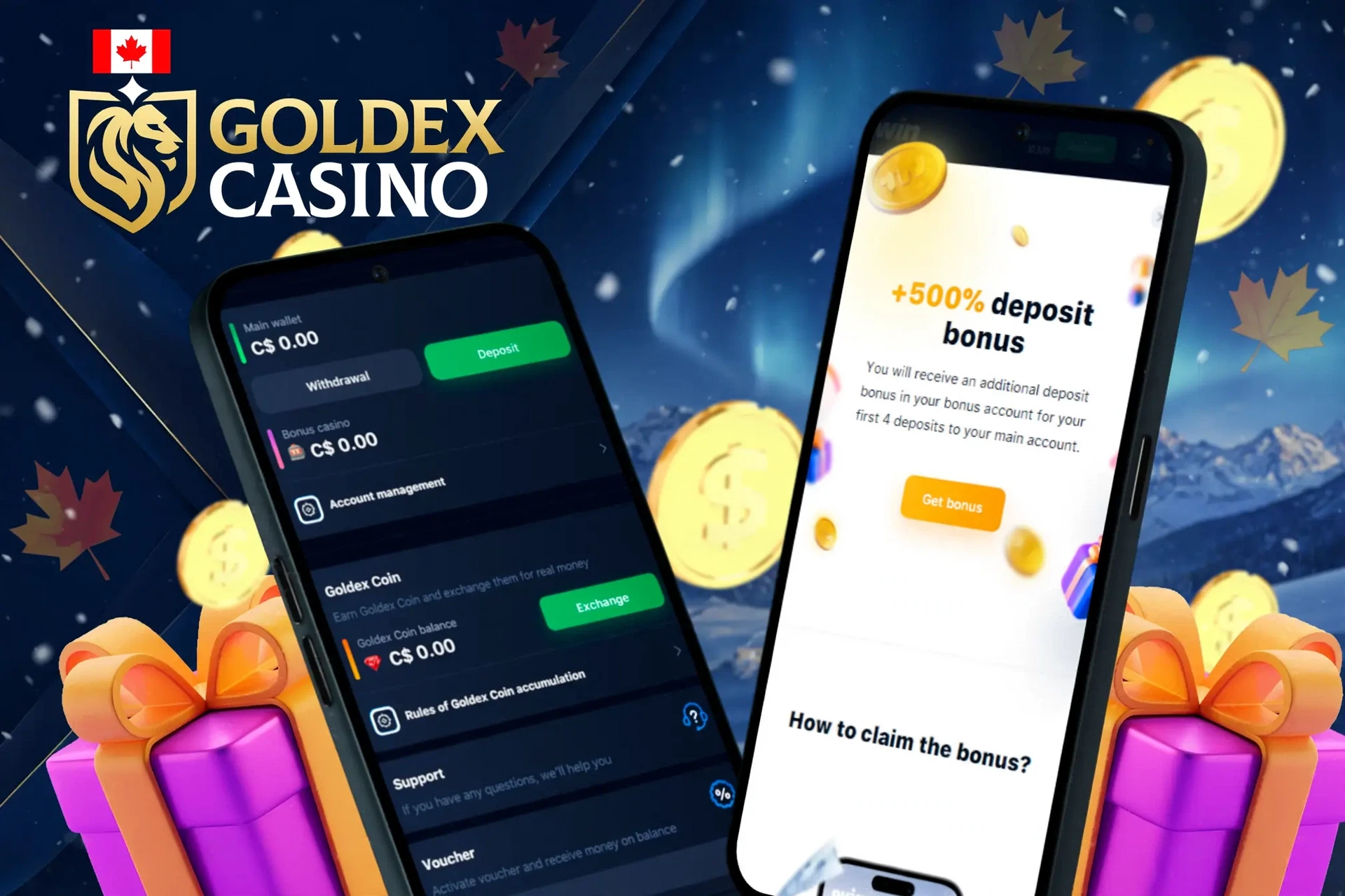 deposit and withdrawal screen showing wallet balance, account management options, and a welcome bonus offer of up to C$1,500 plus 150 Free Spins