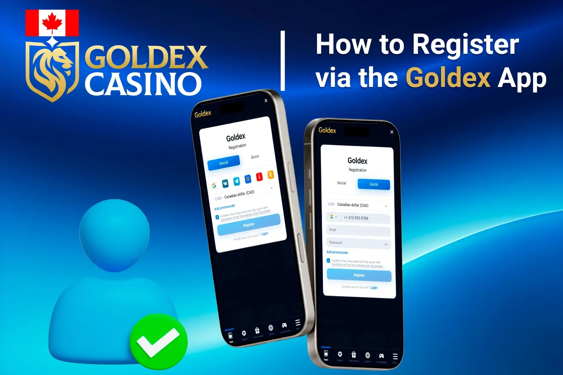 Registration process on the Goldex Casino mobile app with social login options