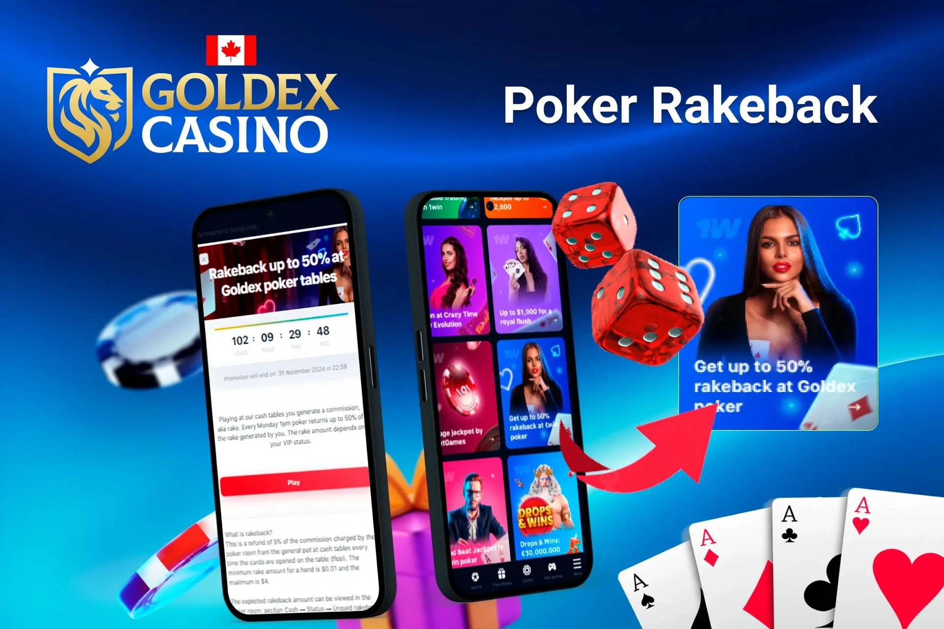 Mobile app with 1Win poker rakeback offer up to 50%, red dice, and playing cards
