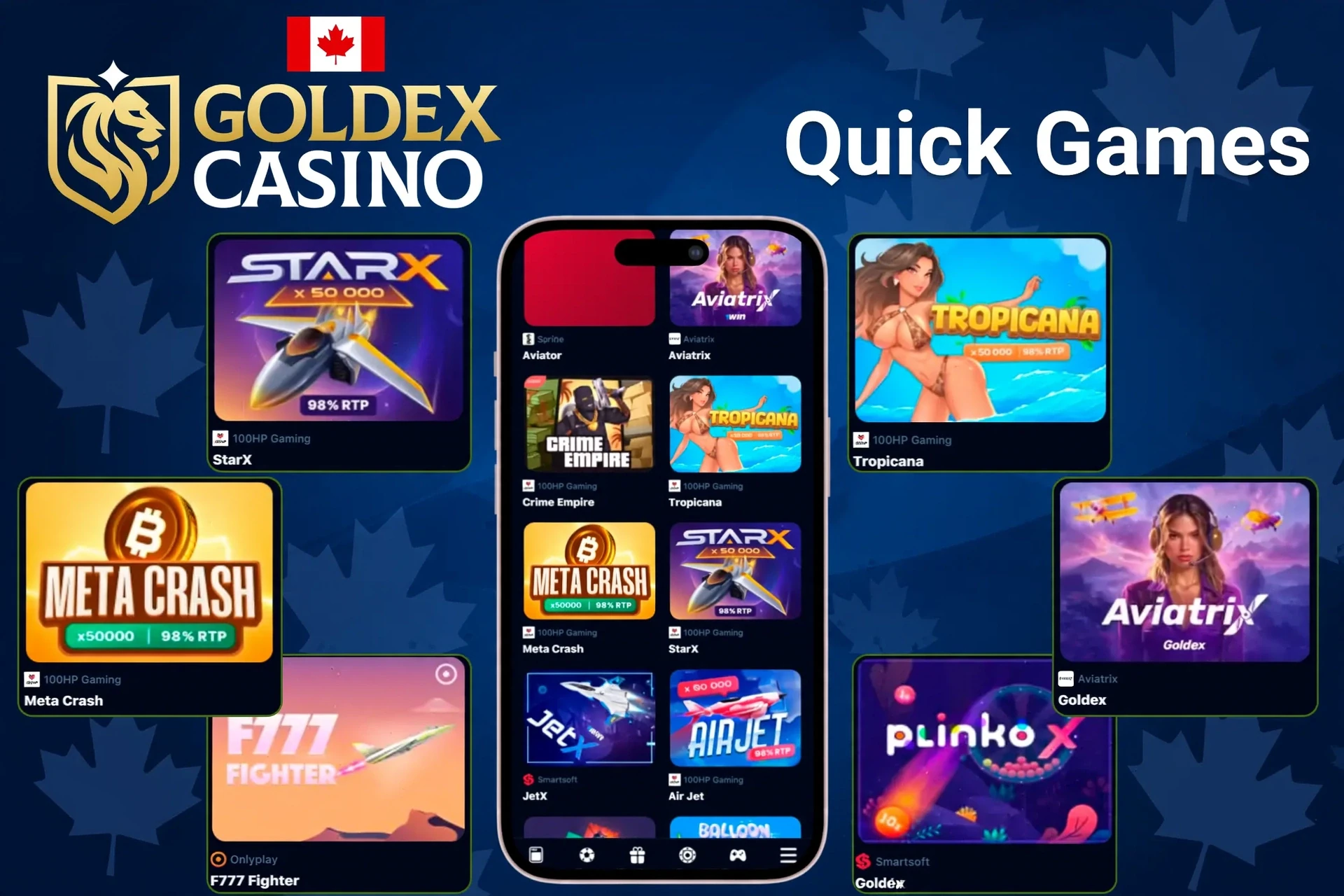 quick games section with titles like StarX, Tropicana, Meta Crash, and PlinkoX highlighted on mobile app