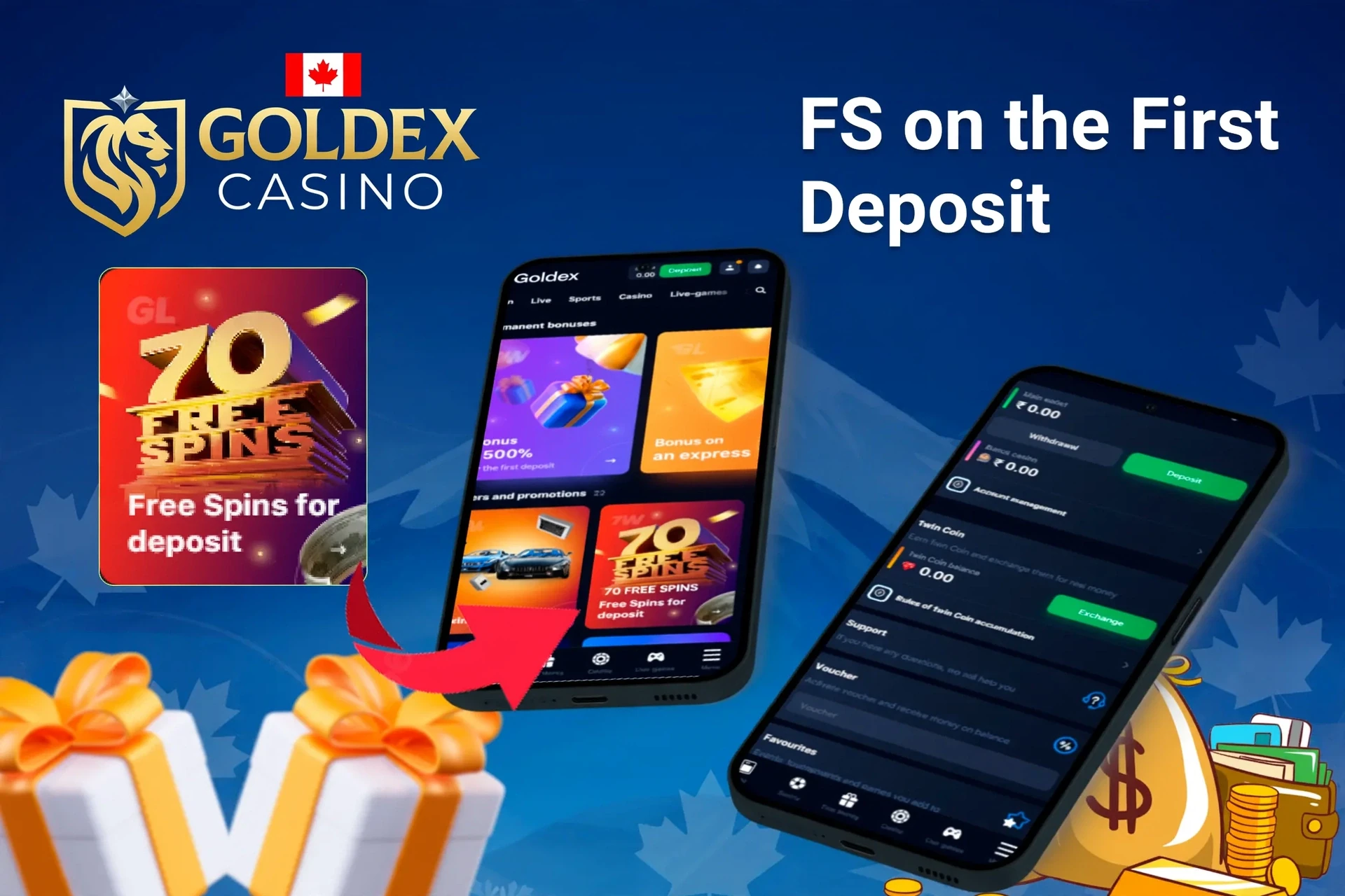 Mobile app showing casino game offers like loyalty program and free spins with poker chips and cards