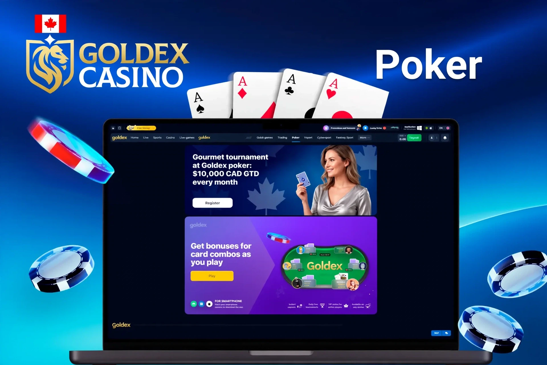 Goldex Casino poker promotion featuring a gourmet tournament with C$10,000 guaranteed prize and bonuses for card combos