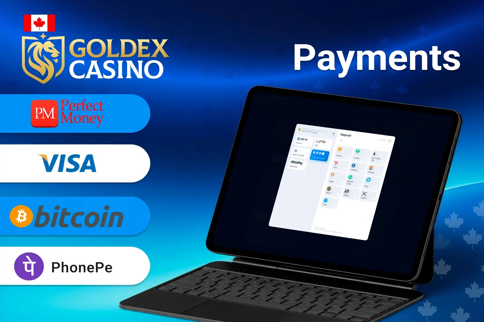 Goldex Casino payment methods including Perfect Money, Visa, Bitcoin, and Interac for quick and secure transactions