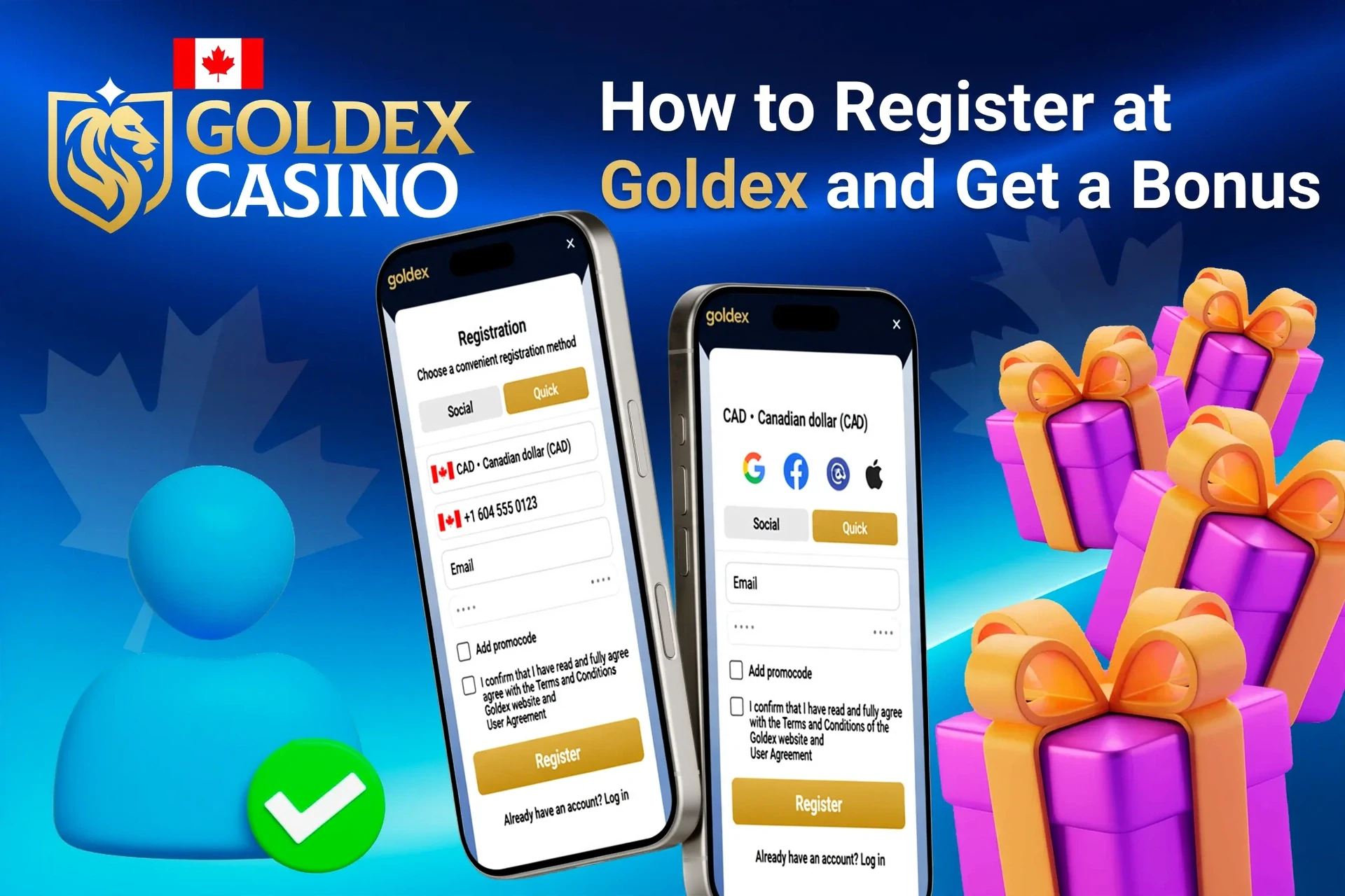 Mobile registration page for 1Win showing bonus offers with purple and gold gift boxes