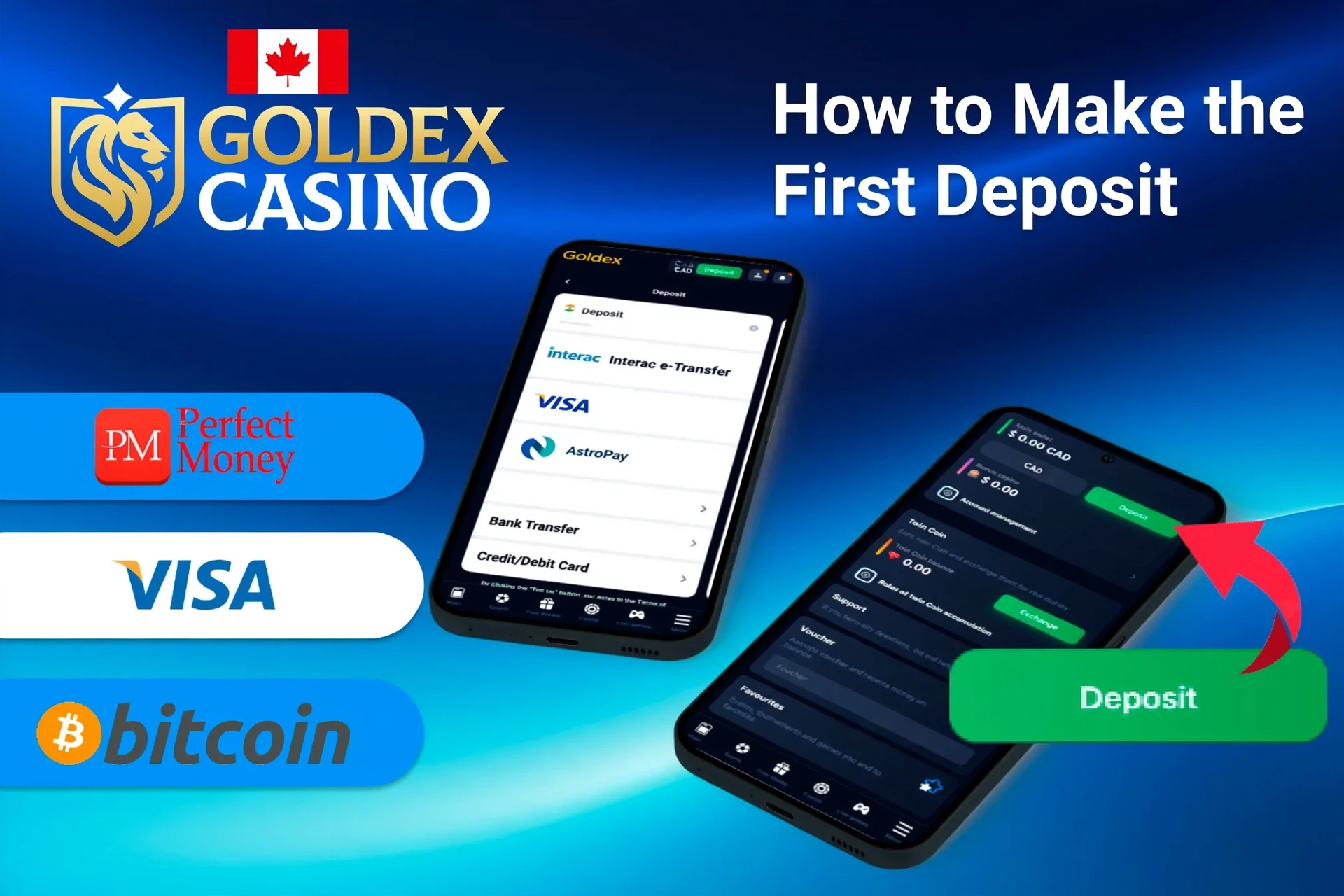mobile app displaying deposit options such as Perfect Money, Visa and Bitcoin, with a deposit button visible