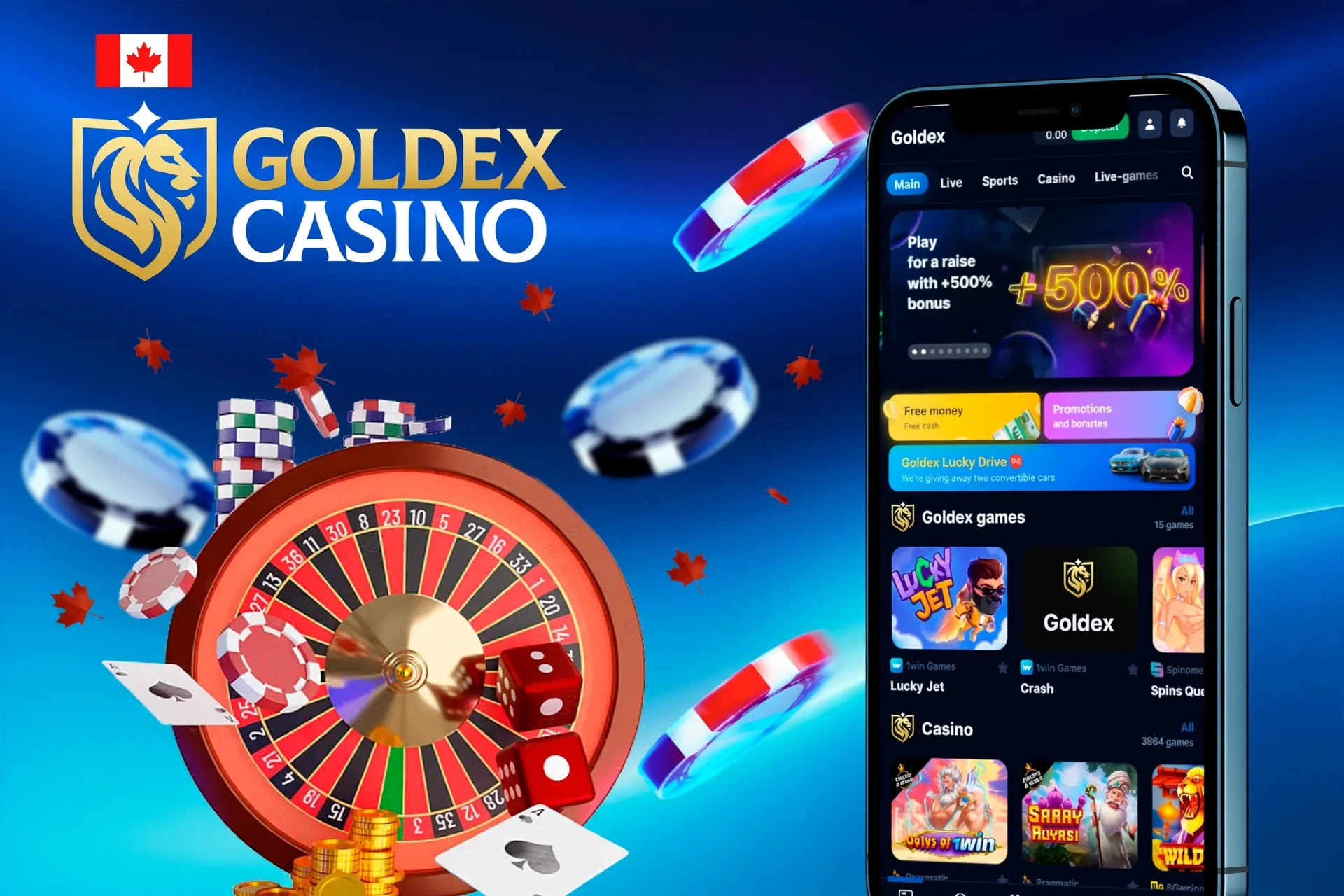 Mobile version of the Goldex Casino app displayed on smartphones, offering quick access to various betting and gaming features