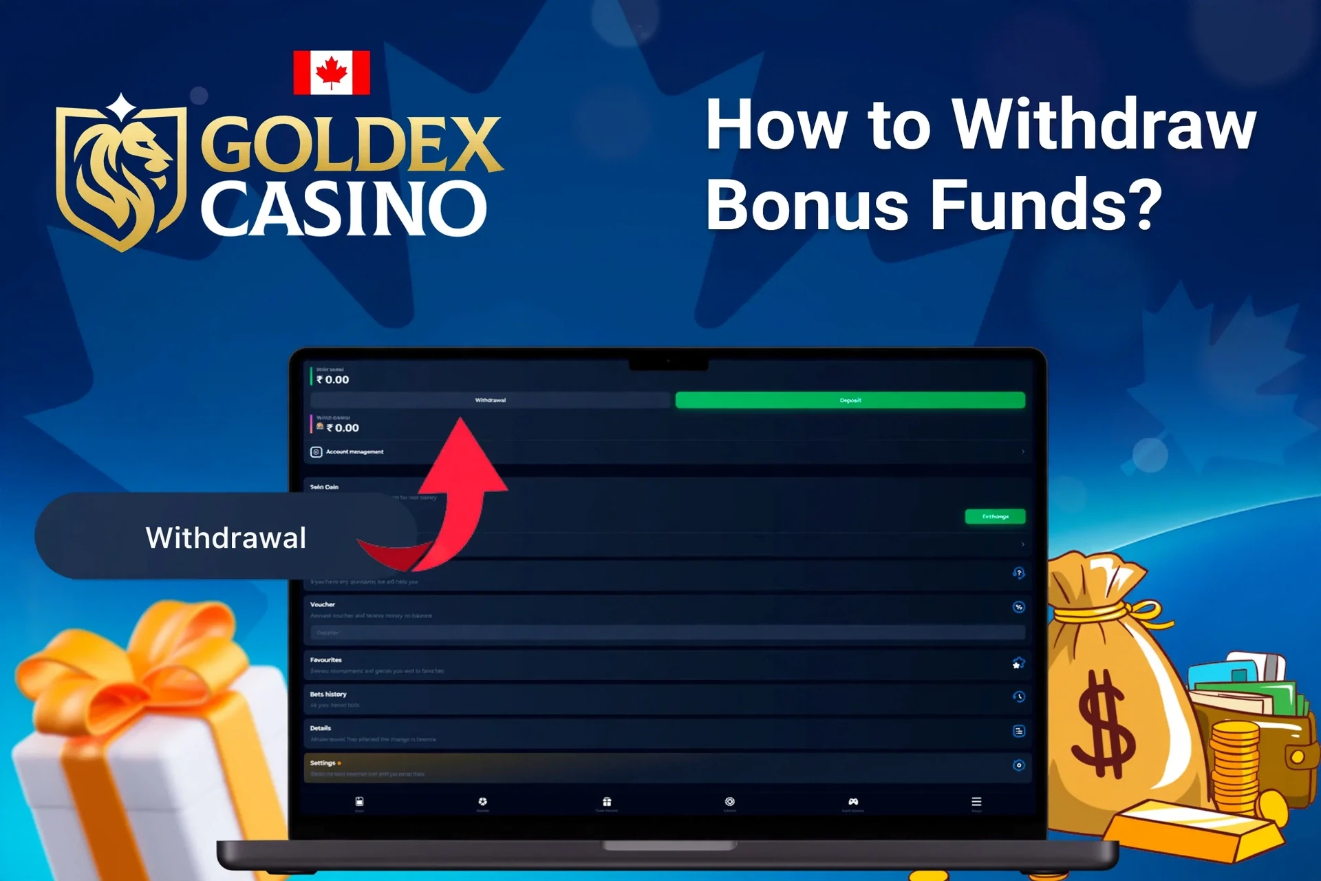 Laptop screen showing Goldex Casino withdrawal options with money bags and gift boxes in the background