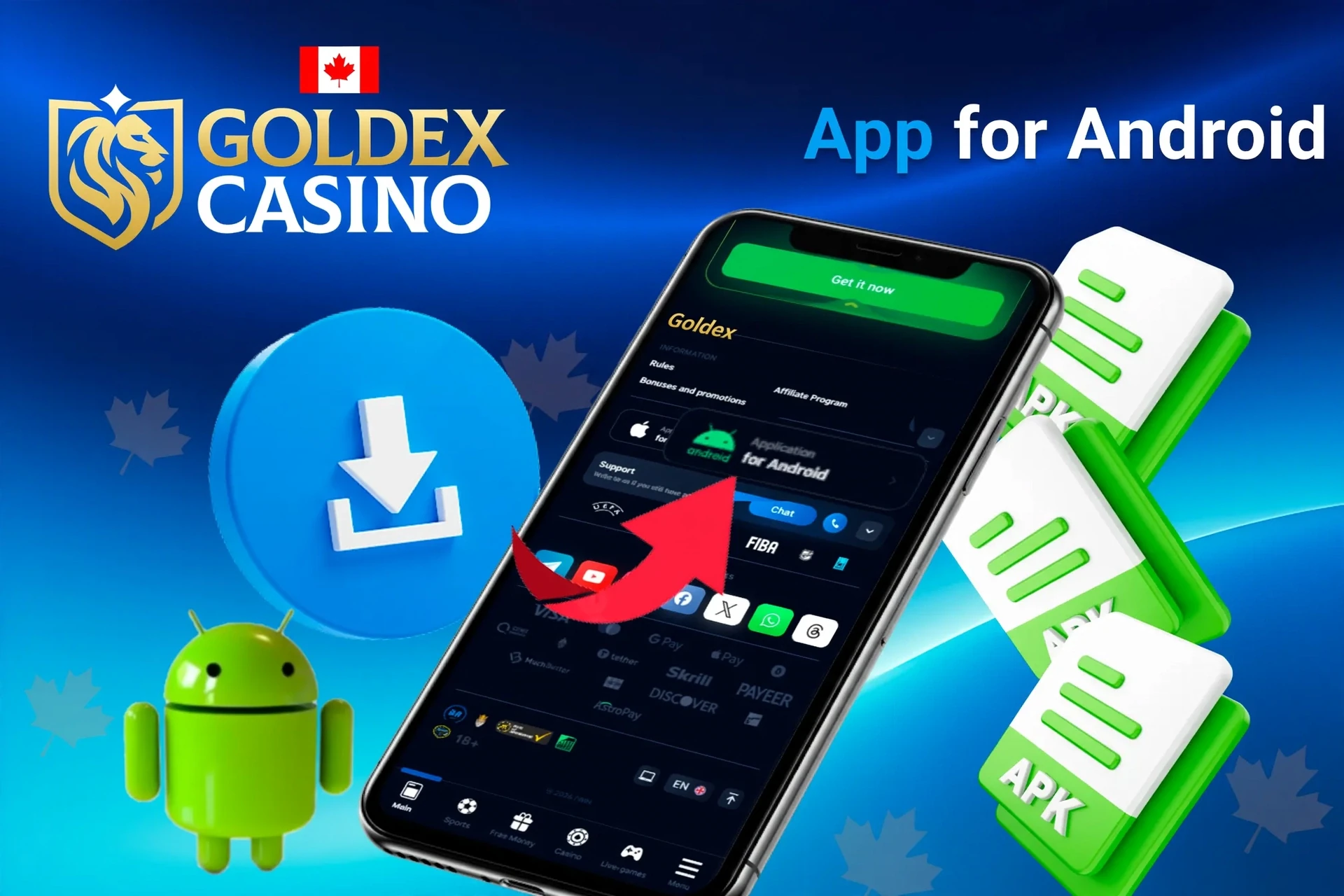 App for Android download process with APK file icons and Android mascot