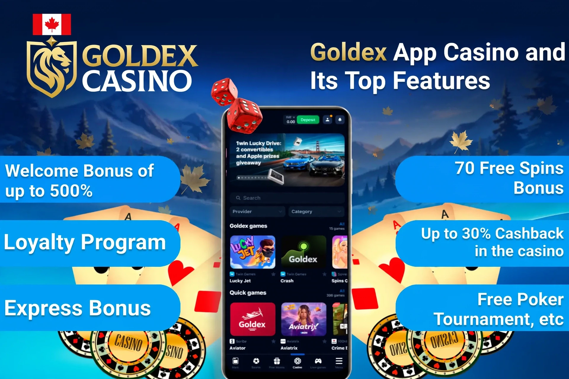 Goldex Casino app highlights such as the welcome bonus, loyalty rewards, and express bonus displayed on a mobile screen