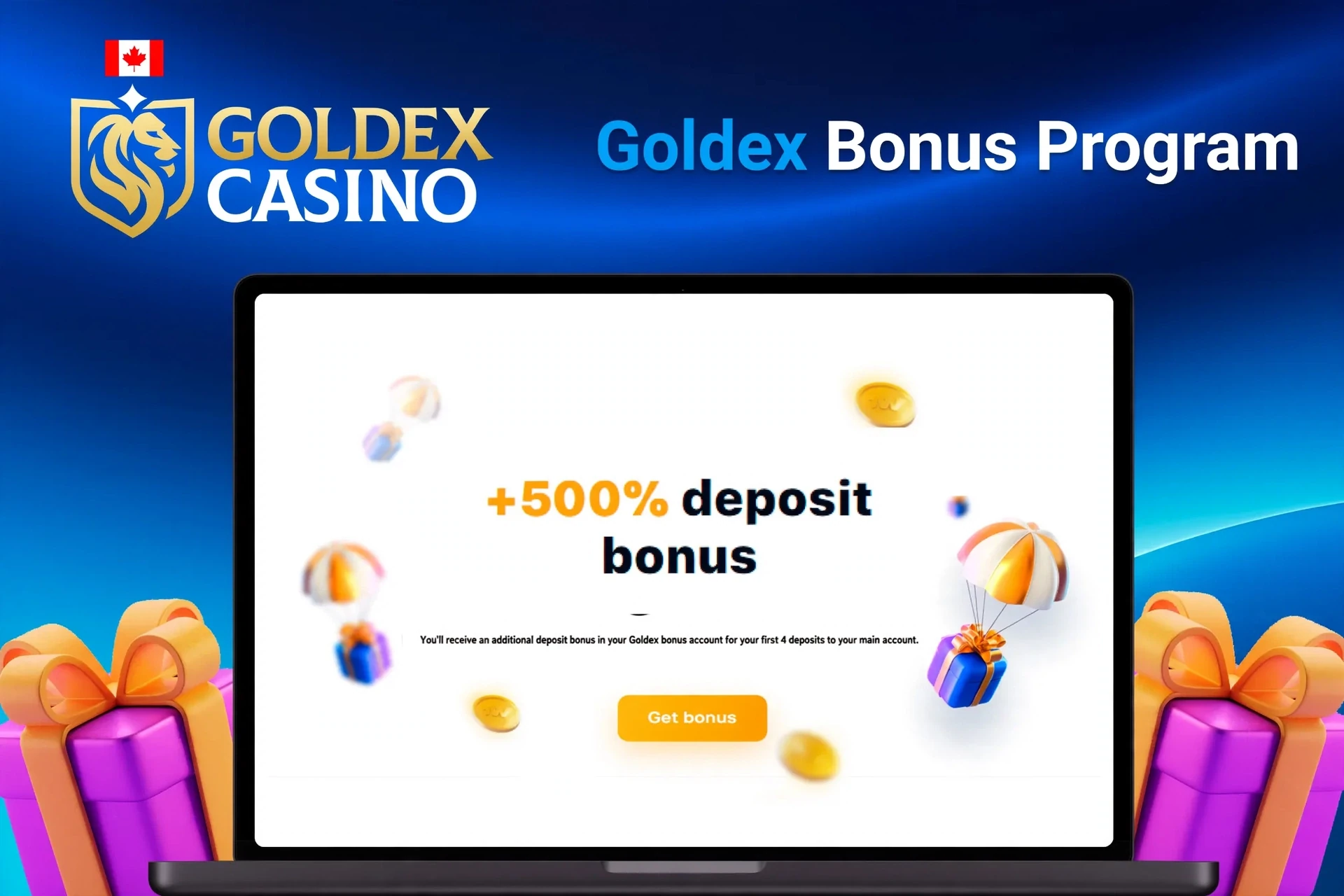 Laptop showing bonus offer of +500% deposit bonus with floating coins and gifts