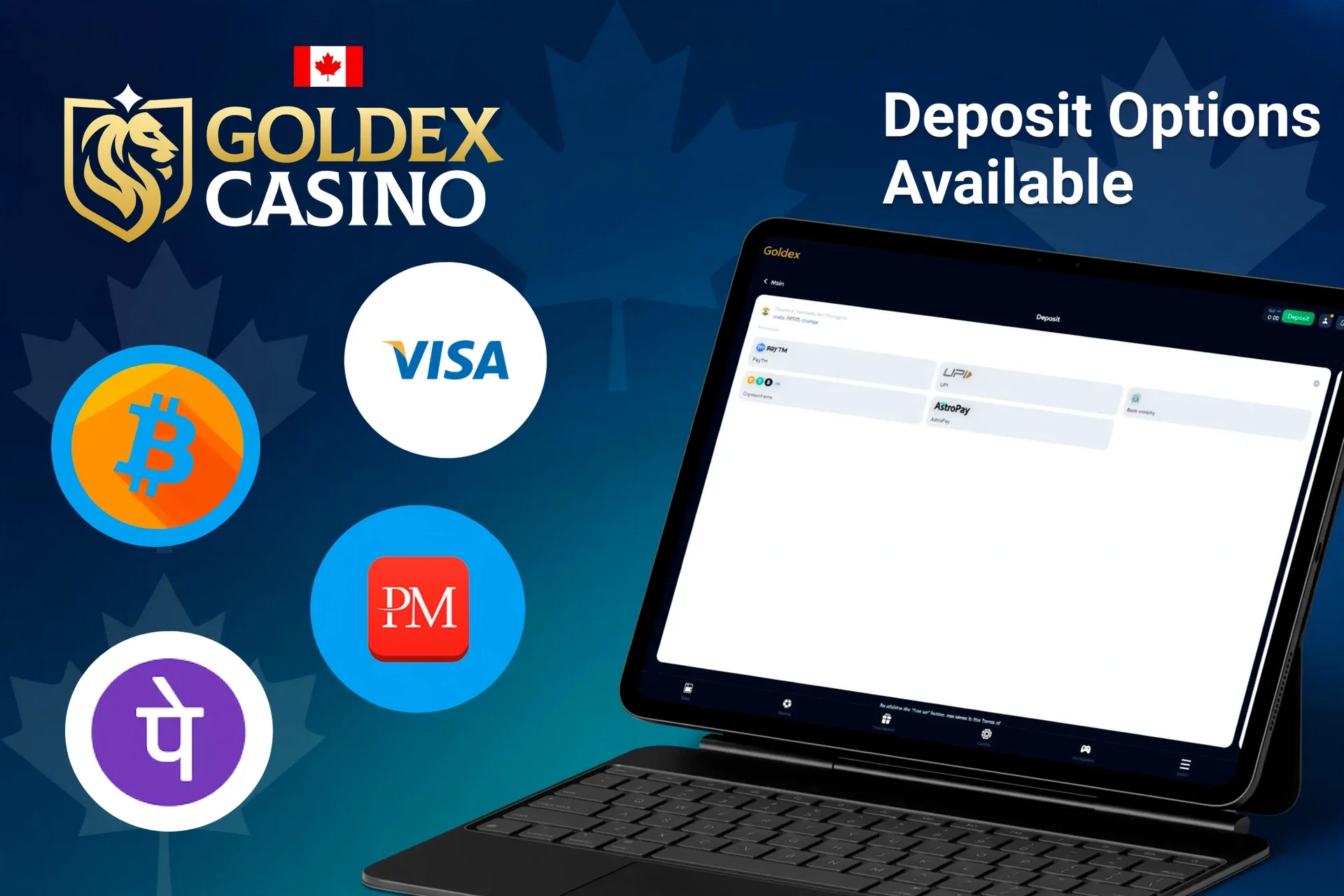 Deposit options available on Goldex Casino platform, including Bitcoin, Visa, e-wallets and bank transfer, displayed on a tablet