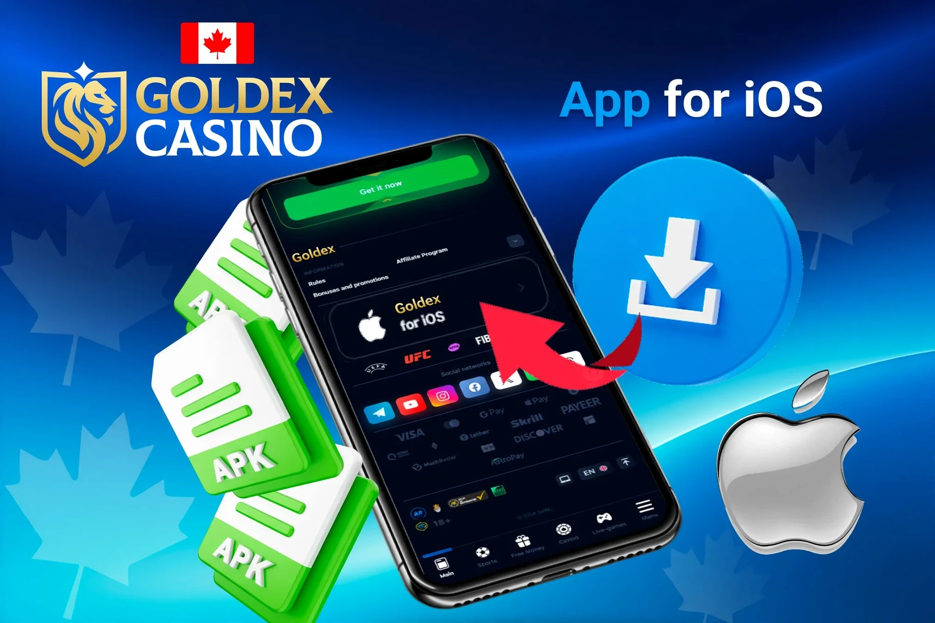 iOS app download screen with APK file icons and Apple logo