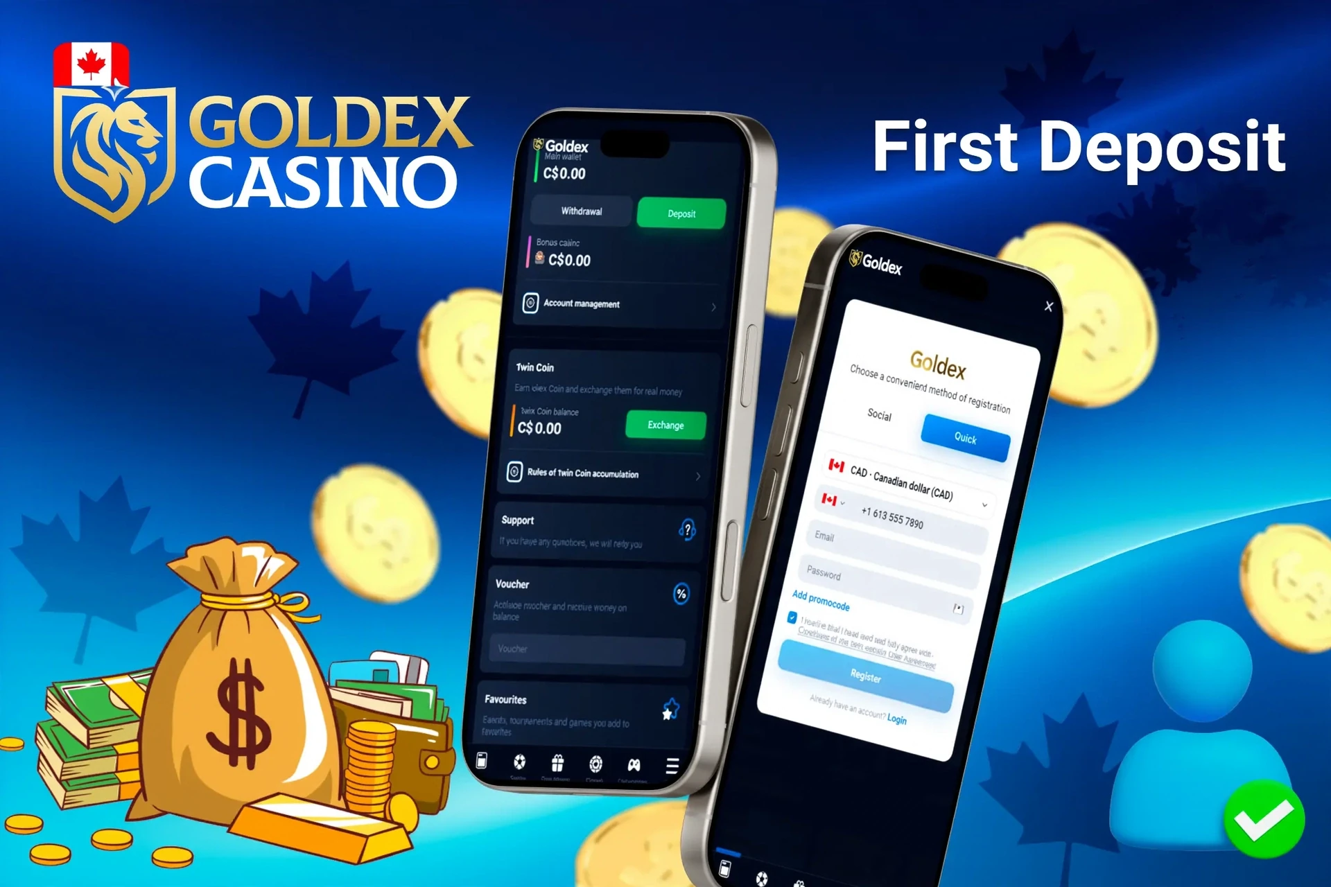 mobile interface showing steps to make the first deposit, with icons for payment options and bonus registration