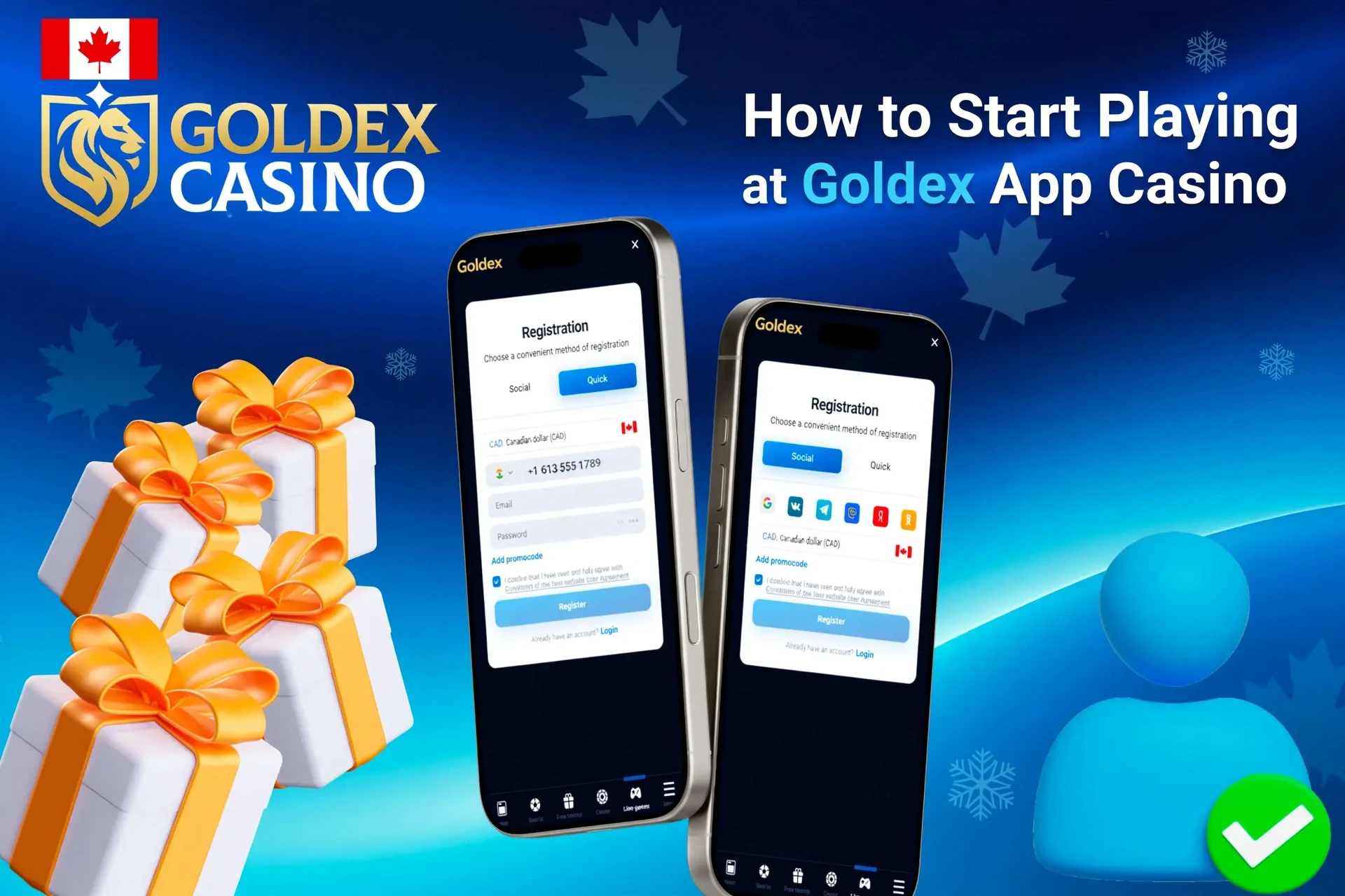 Goldex app registration screen on mobile showing simple steps and gift icons
