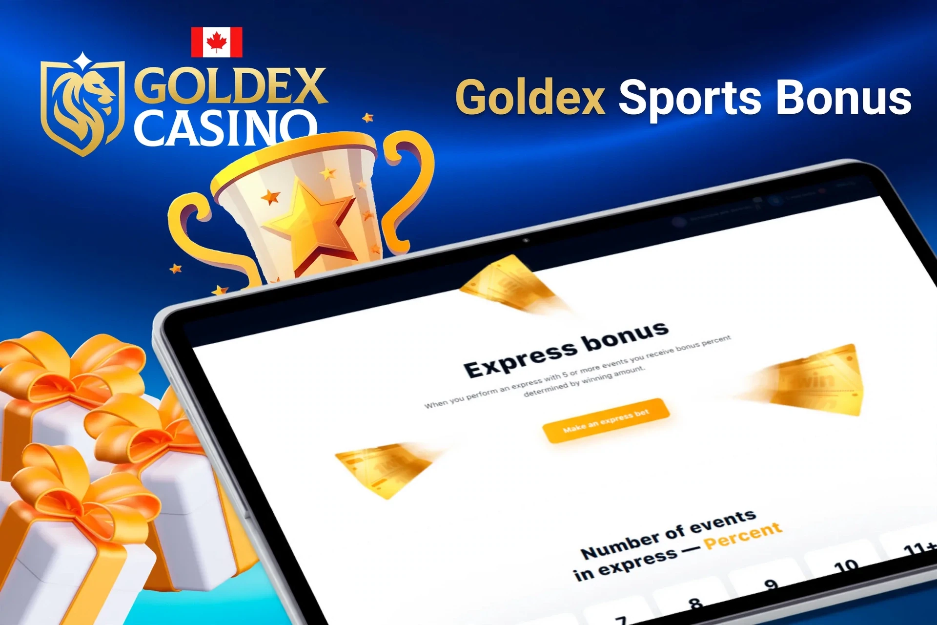 Tablet screen with express bonus offer for sports betting from Goldex Casino, with trophy and gift boxes.