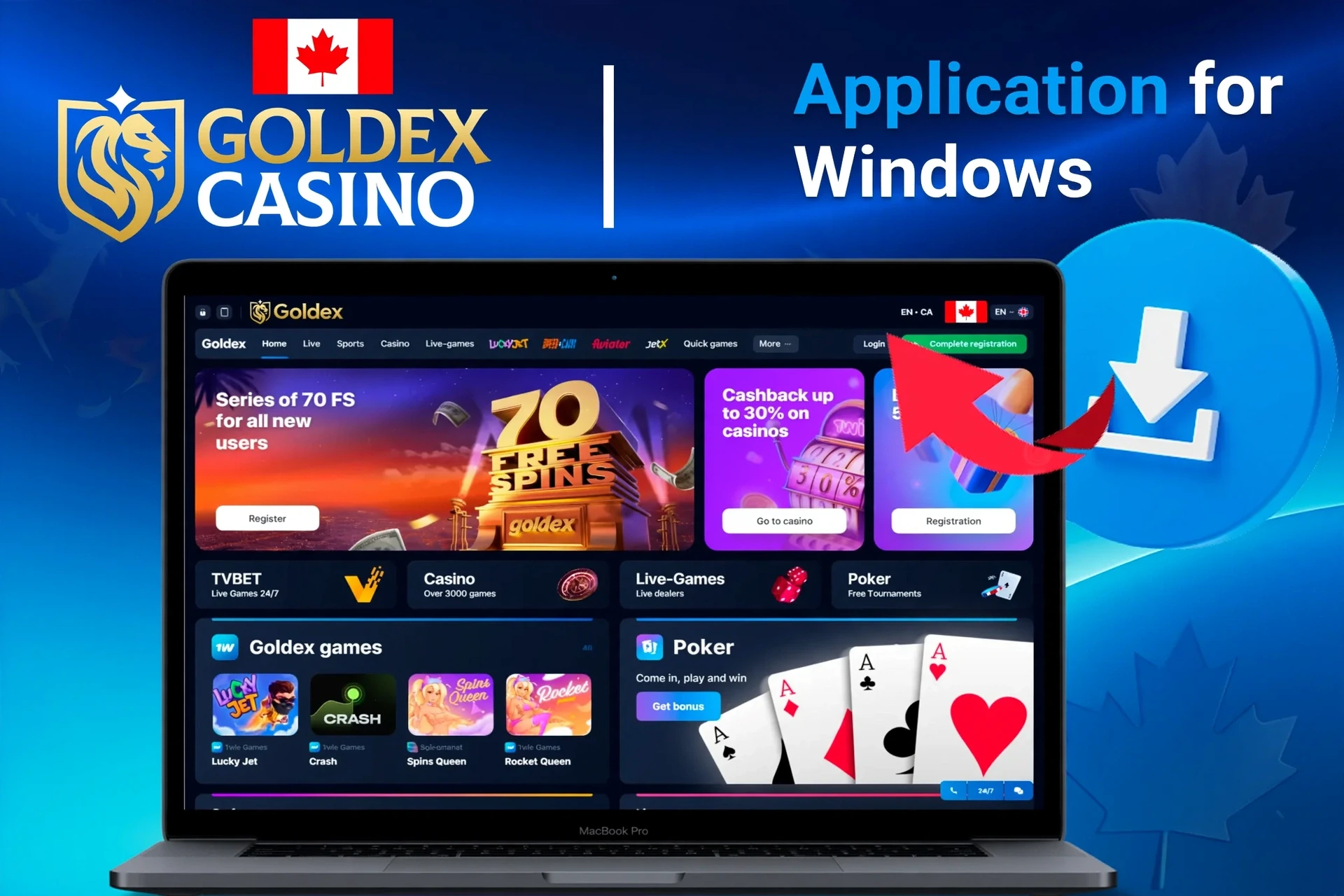 Application for Windows with download instructions and 70 free spins promotion