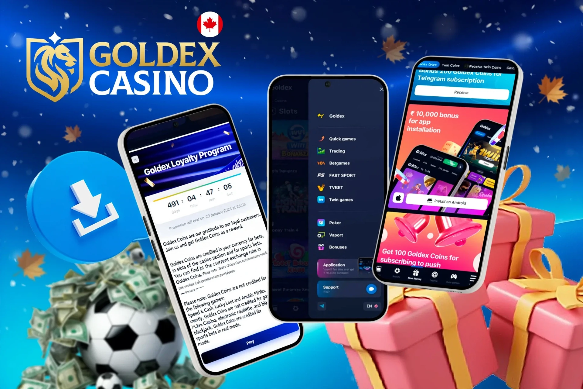 Mobile screens showing loyalty program, app installation bonus, and football icon with download button