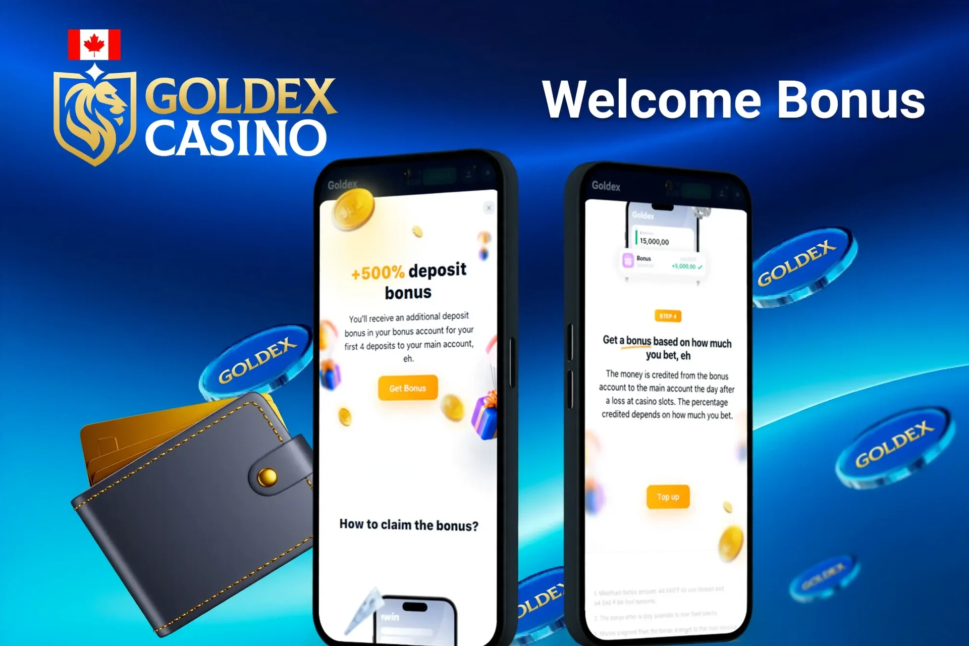 Goldex welcome bonus screen with up to C$1,500 plus 150 free spins for first deposit, displayed on two mobile screens