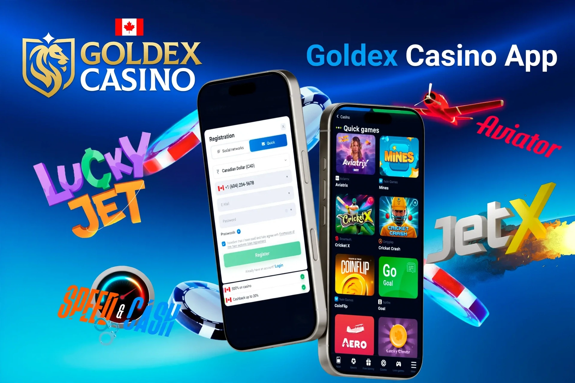 Goldex Casino app registration screen with quick games like Aviatrix and JetX