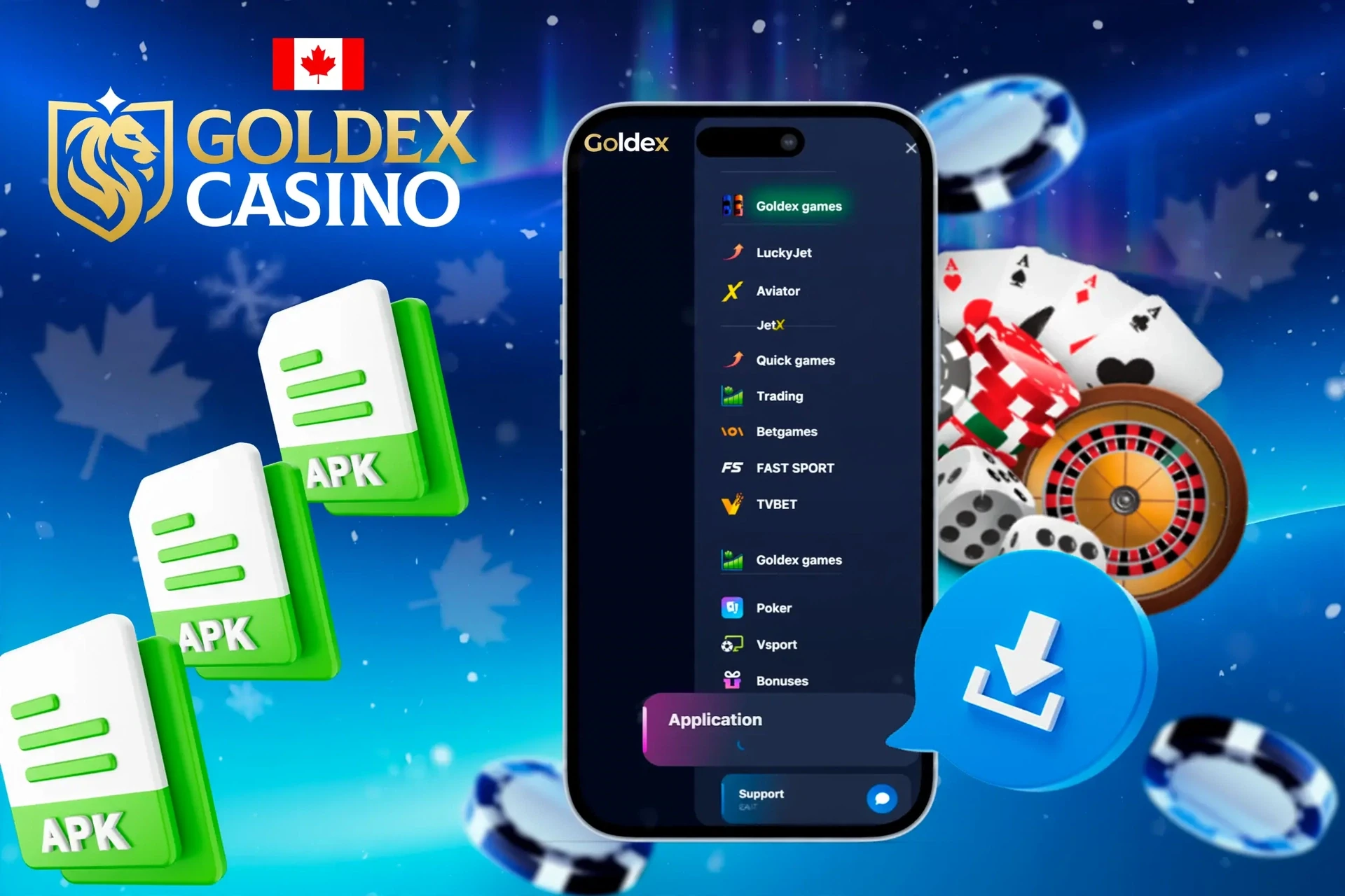 Goldex app with APK file icons and casino chips illustrating mobile access to Goldex games