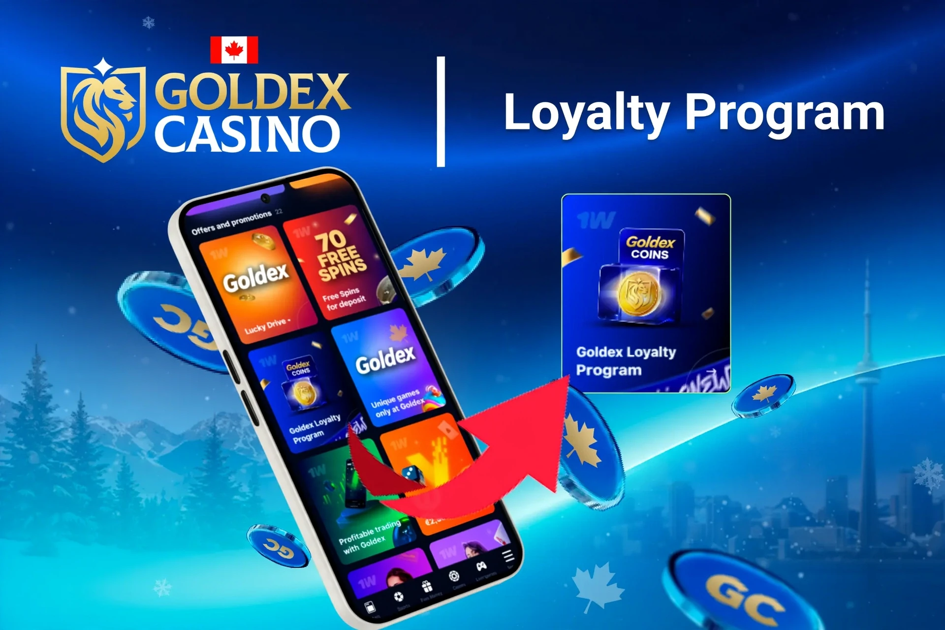 Mobile app showing Goldex Casino loyalty program and offers like free spins and Lucky Drive.