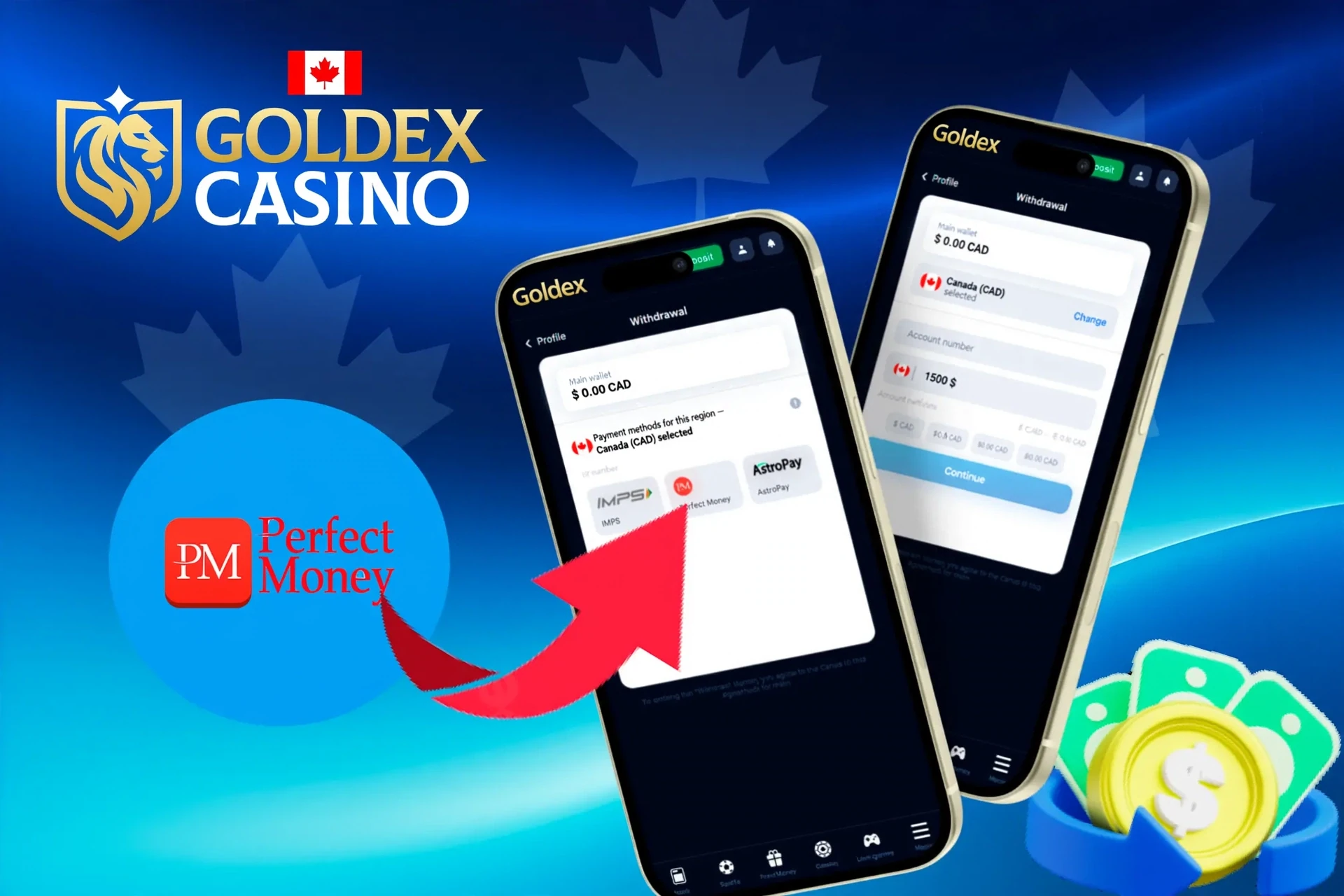 withdrawal options, featuring Interac e-Transfer, e-wallets, and other wallet services, shown on a mobile interface