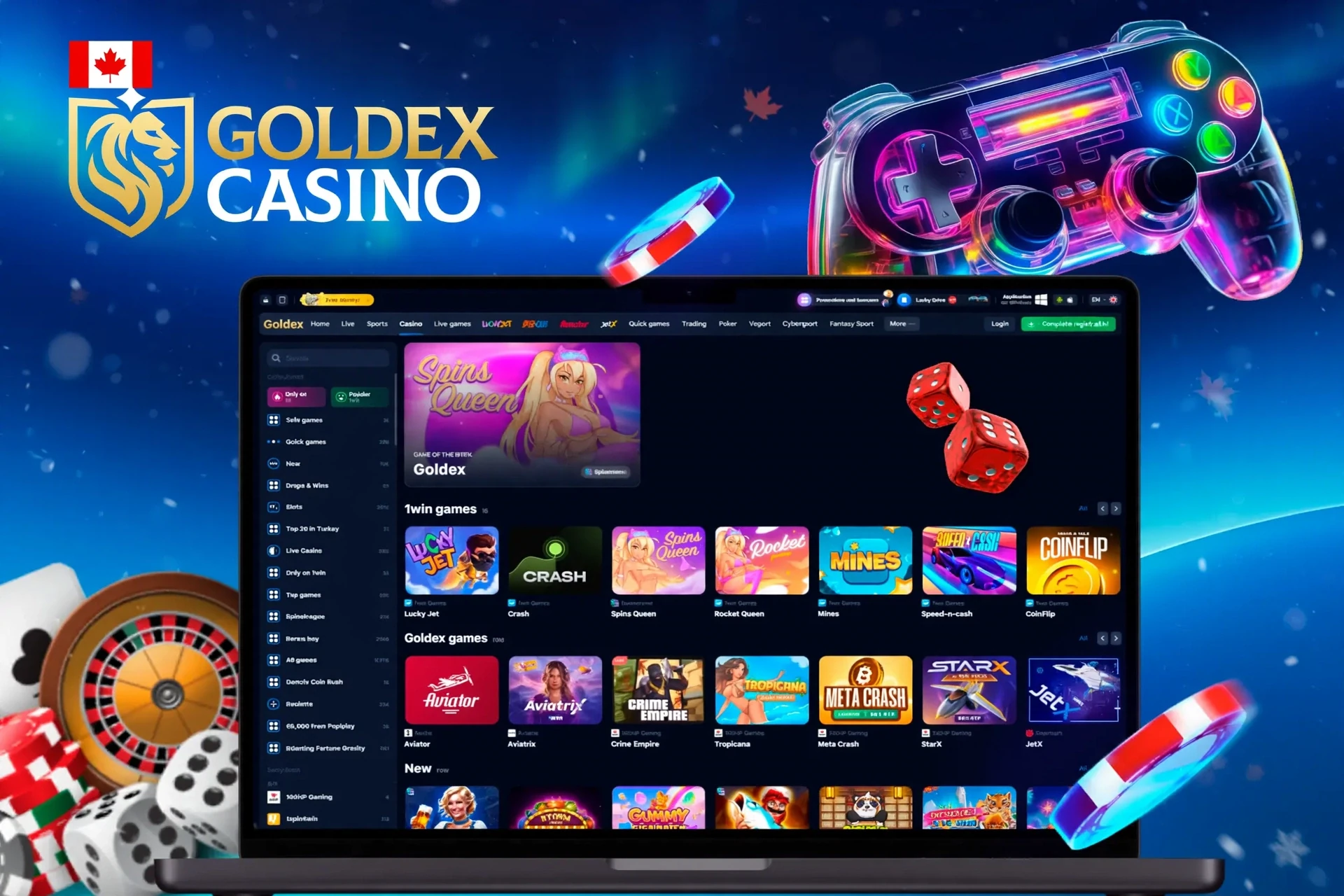 app interface showing a variety of games like Spins Queen, Crash, and Rocket Queen with a vibrant game controller icon