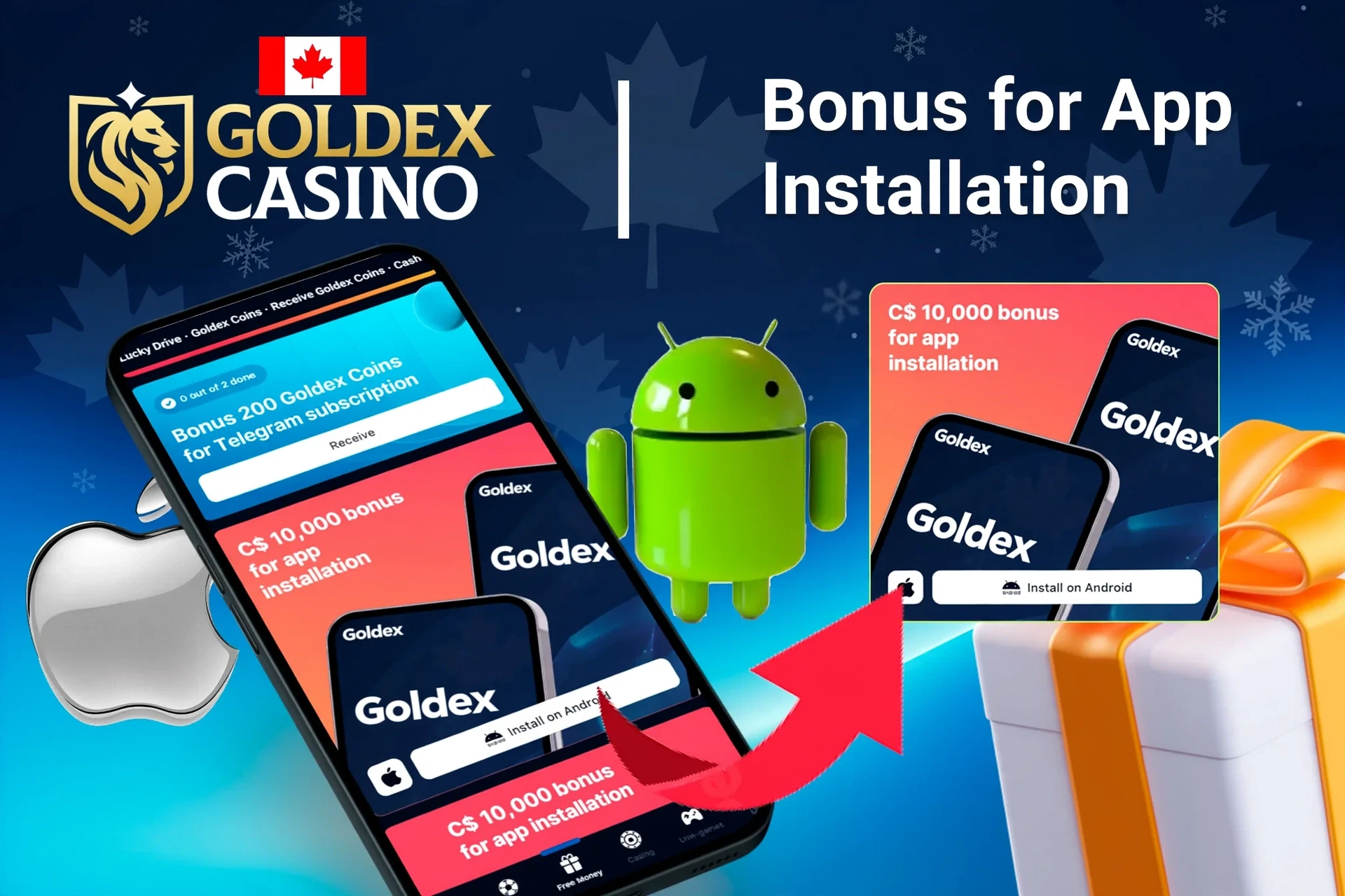 1Win bonus offer for app installation on mobile with Android and Apple logos, and gift boxes