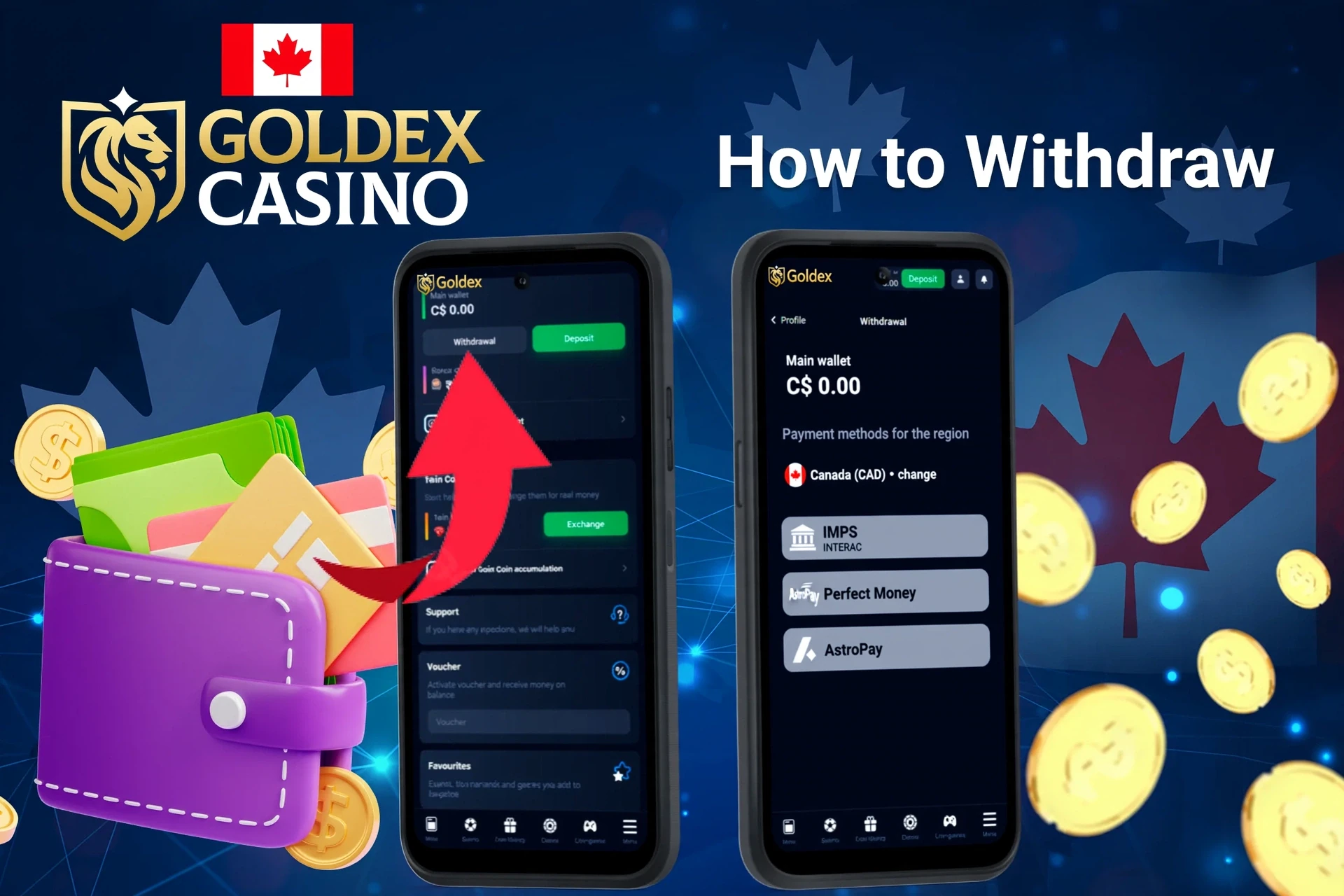mobile interface showing withdrawal process with an arrow pointing to withdrawal options and available wallet balance