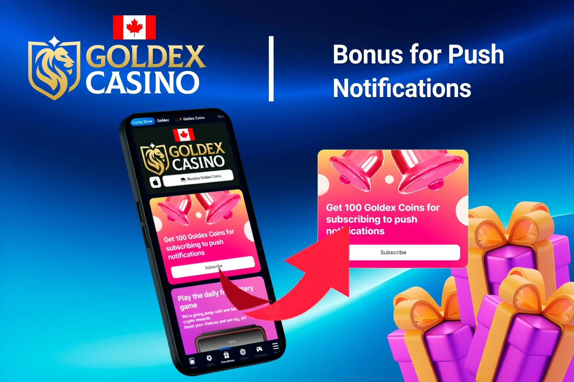 mobile app showing bonus offers and promotions with coins and poker-related graphics