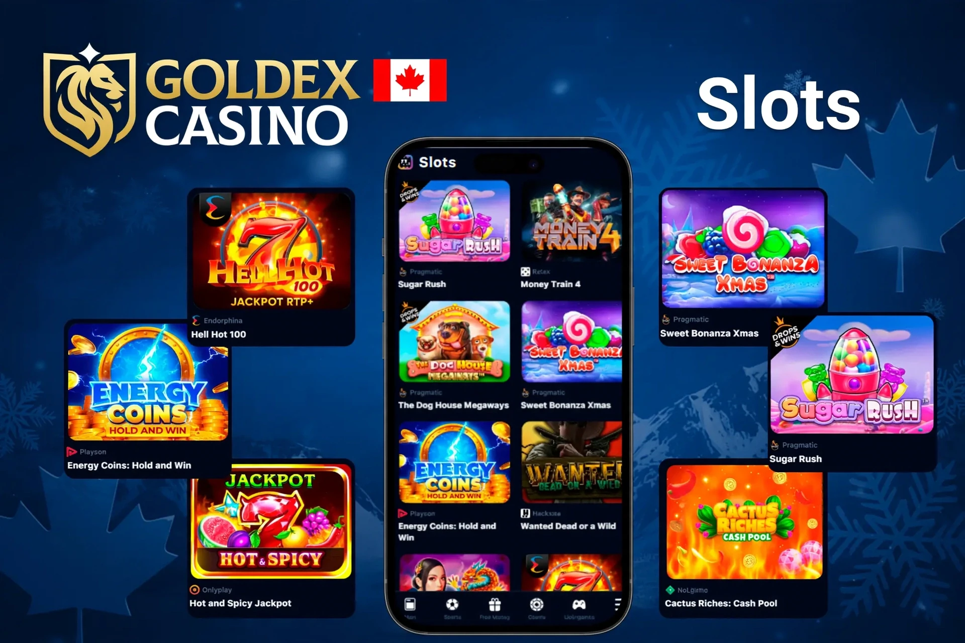 Slots games featuring popular titles like Sugar Rush, Energy Coins, and Hell Hot 100 on mobile and desktop