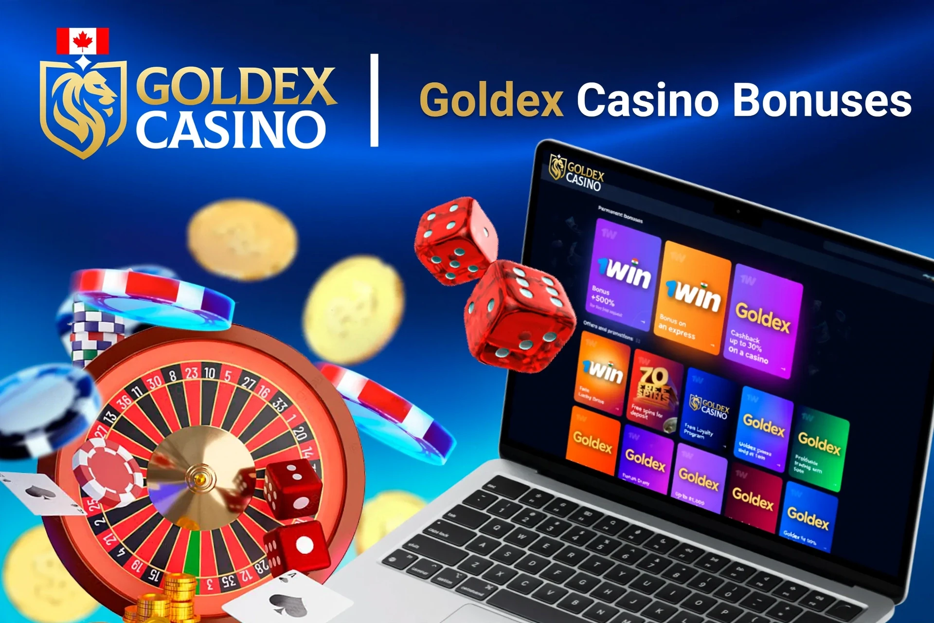Laptop screen showing various 1Win casino bonuses with roulette, dice, and poker chips
