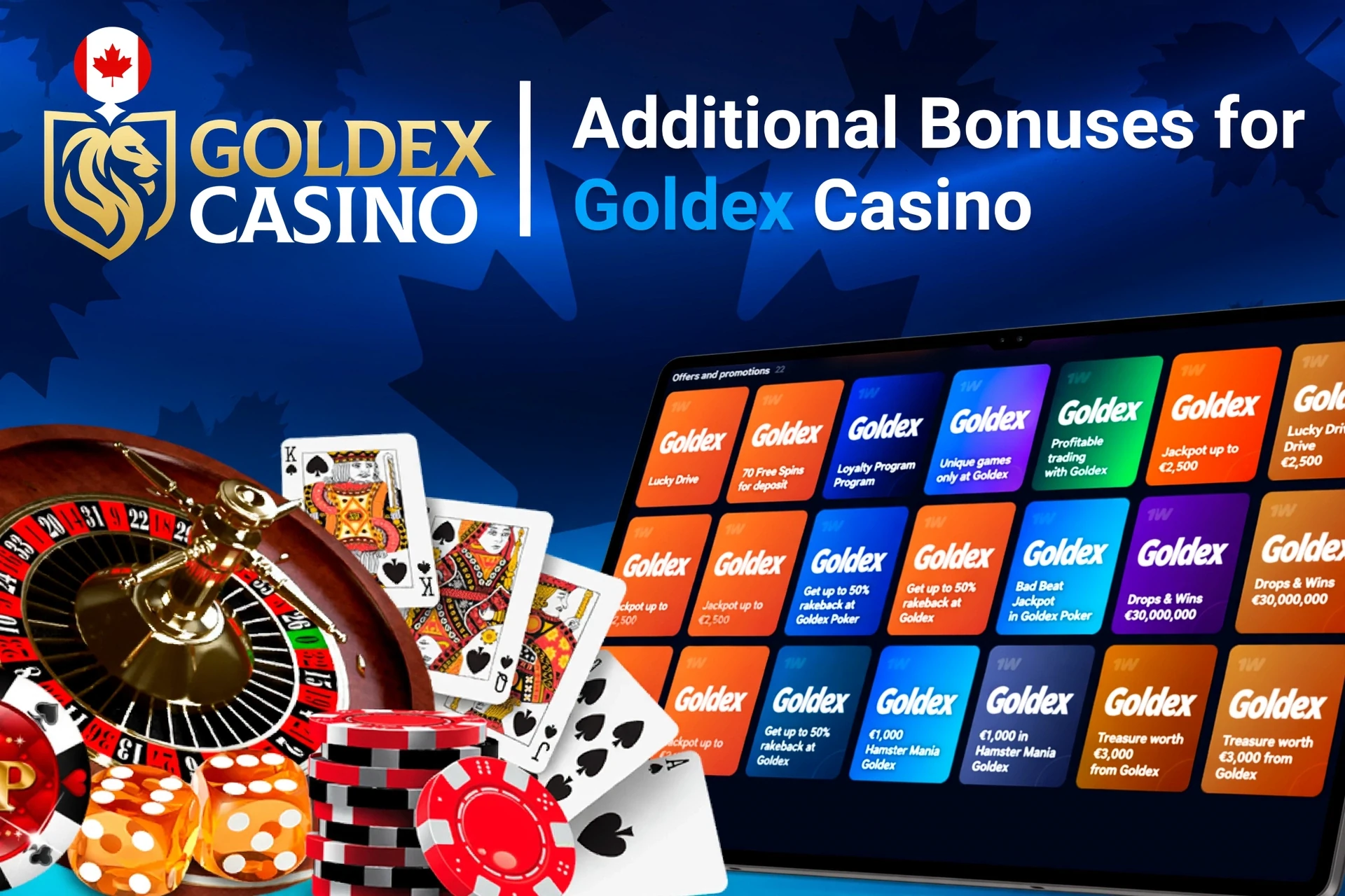 Mobile app showing casino game offers like loyalty program and free spins with poker chips and cards