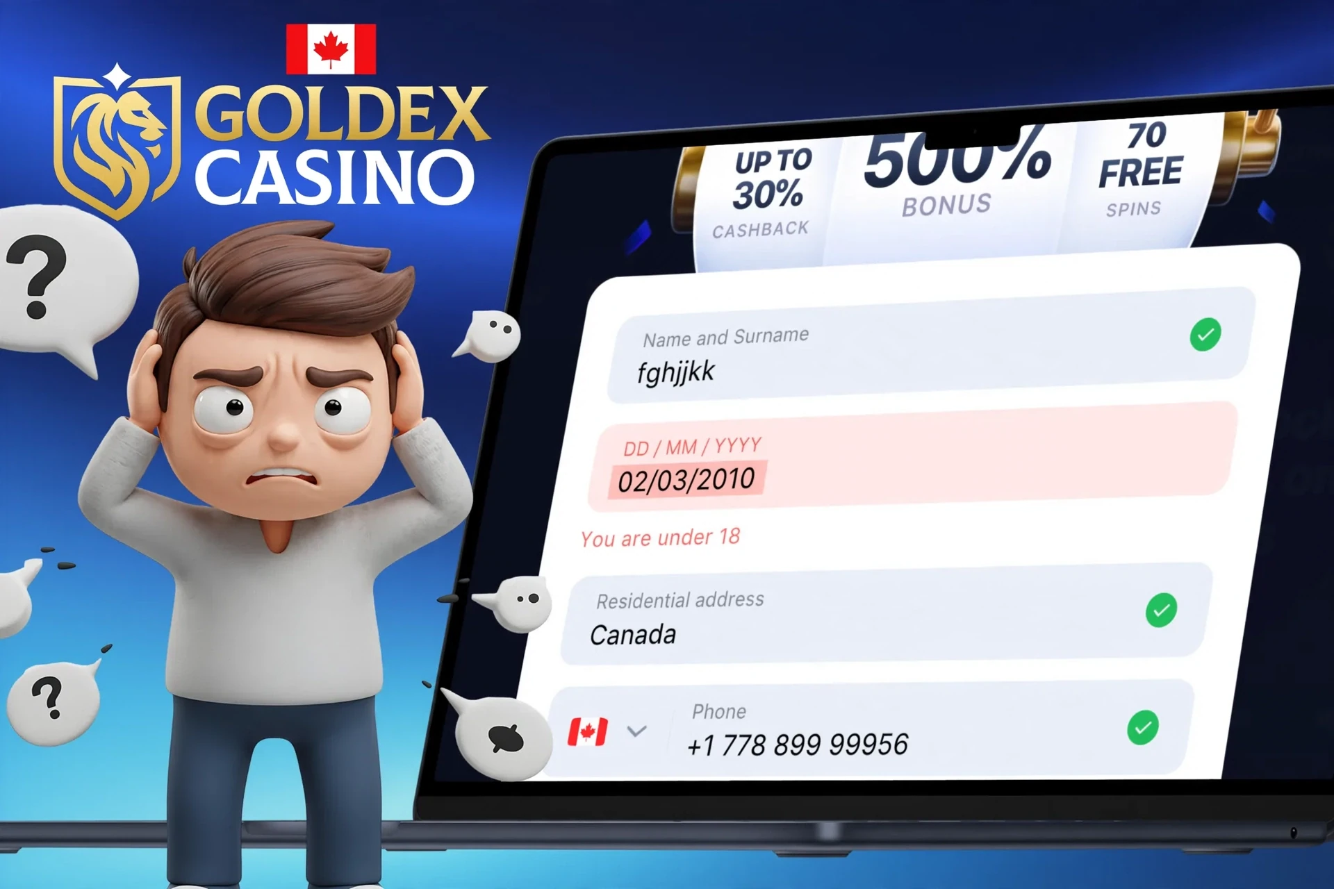 Description of possible difficulties when registering on Goldex Casino